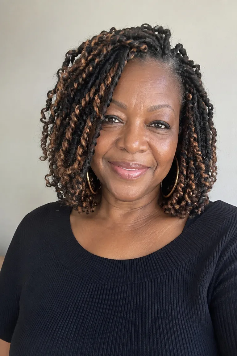 Dimensional natural black-and-brown crochet hairstyle with a softly textured bob