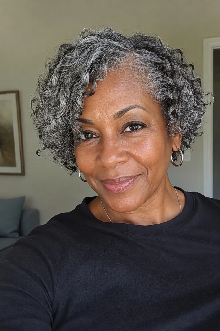 Short silver-and-charcoal crochet hairstyle with dimensional gray tones