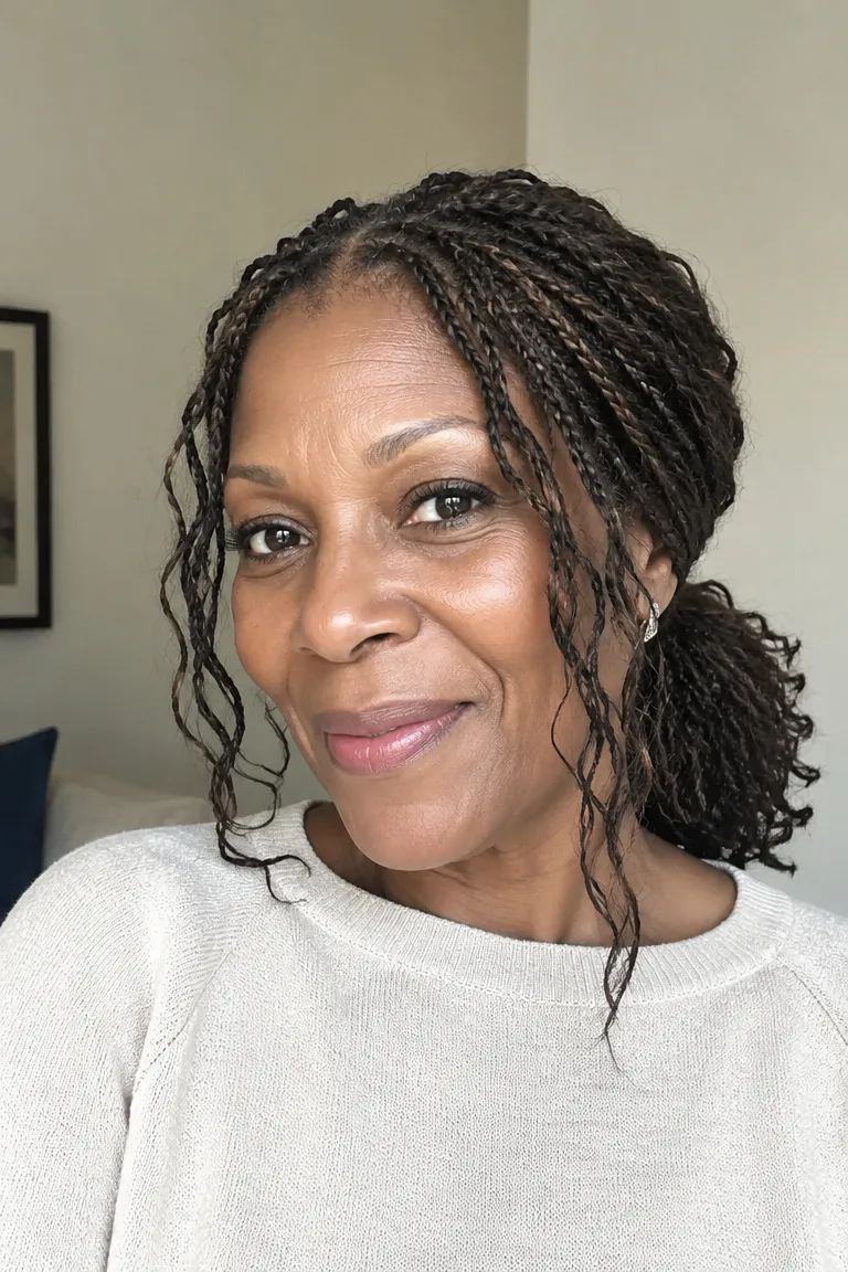 Medium-length crochet style loosely tucked into a low ponytail