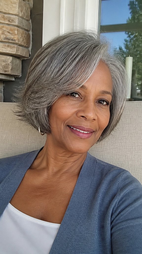 feathered gray jawline bob