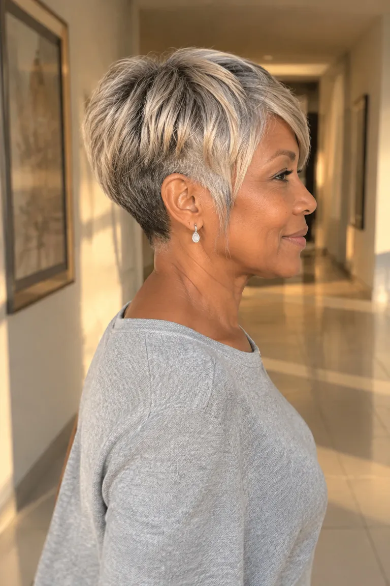 Nape-cut undercut pixie bob with longer top layers and soft jaw-skimming sides
