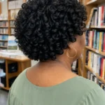 Short jet-black gogo curl crochet bob with tight springy coils ending at the jaw