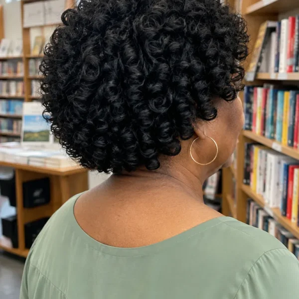 Short jet-black gogo curl crochet bob with tight springy coils ending at the jaw