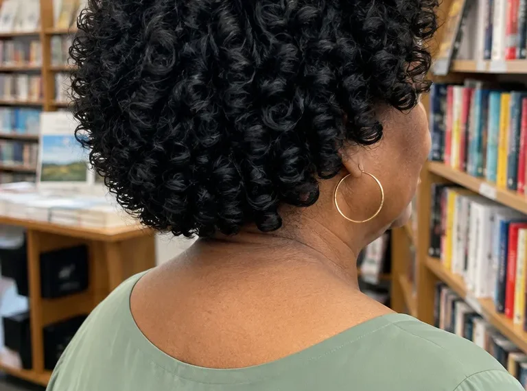 Short jet-black gogo curl crochet bob with tight springy coils ending at the jaw