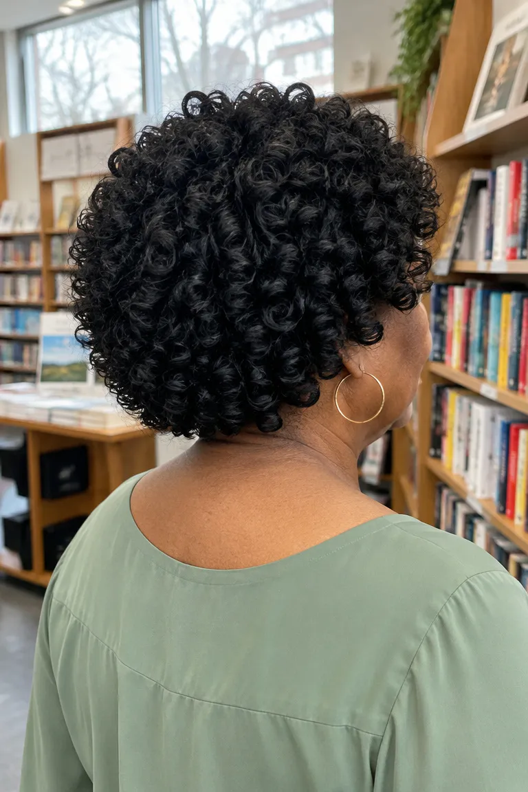 Short jet-black gogo curl crochet bob with tight springy coils ending at the jaw
