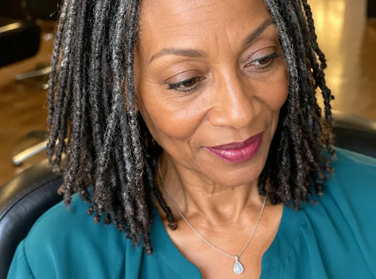 Black woman over 60 with shoulder-length salt-and-pepper locs and tapered ends.