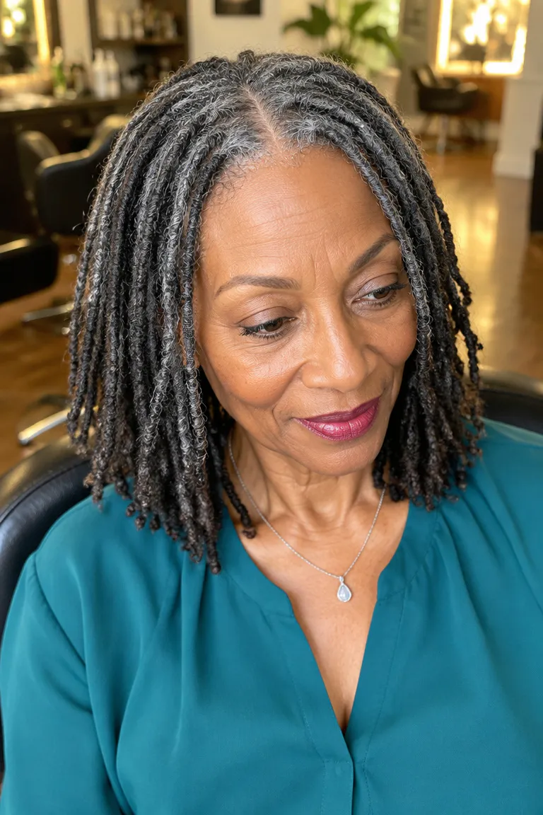 Black woman over 60 with shoulder-length salt-and-pepper locs and tapered ends.