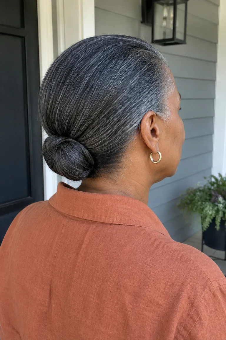 Low tucked bun with smooth sides and tucked ends