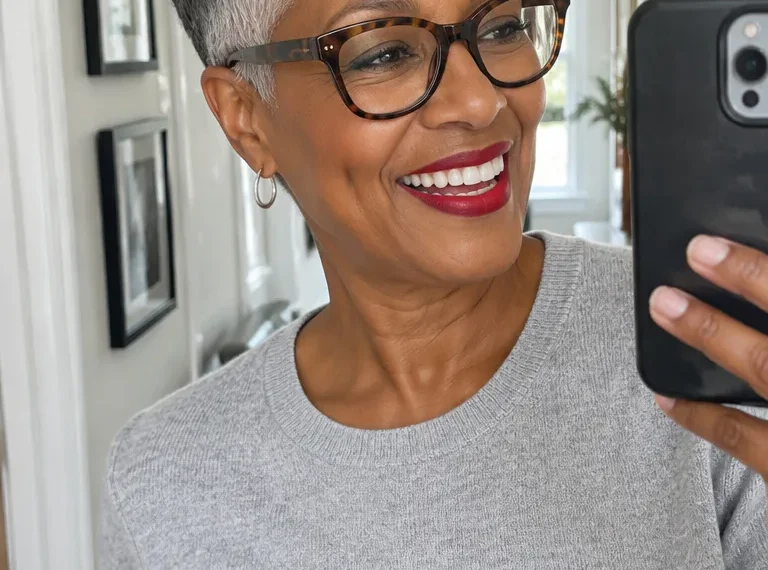 Short gray tapered pixie with cropped sides and a textured top