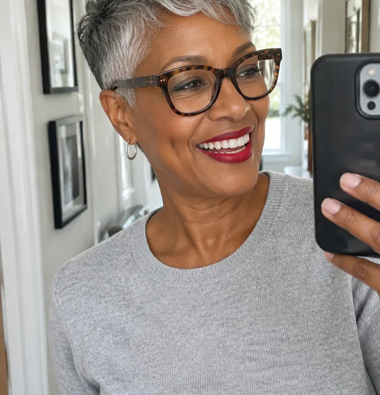 Short gray tapered pixie with cropped sides and a textured top