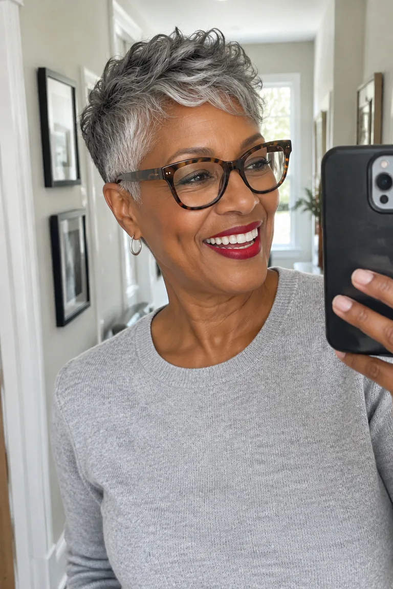 Short gray tapered pixie with cropped sides and a textured top