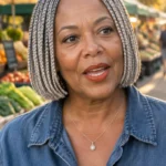 Black woman over 50 wearing chin-length silver gray knotless braids in a neat bob