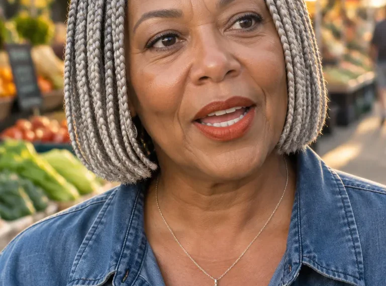 Black woman over 50 wearing chin-length silver gray knotless braids in a neat bob