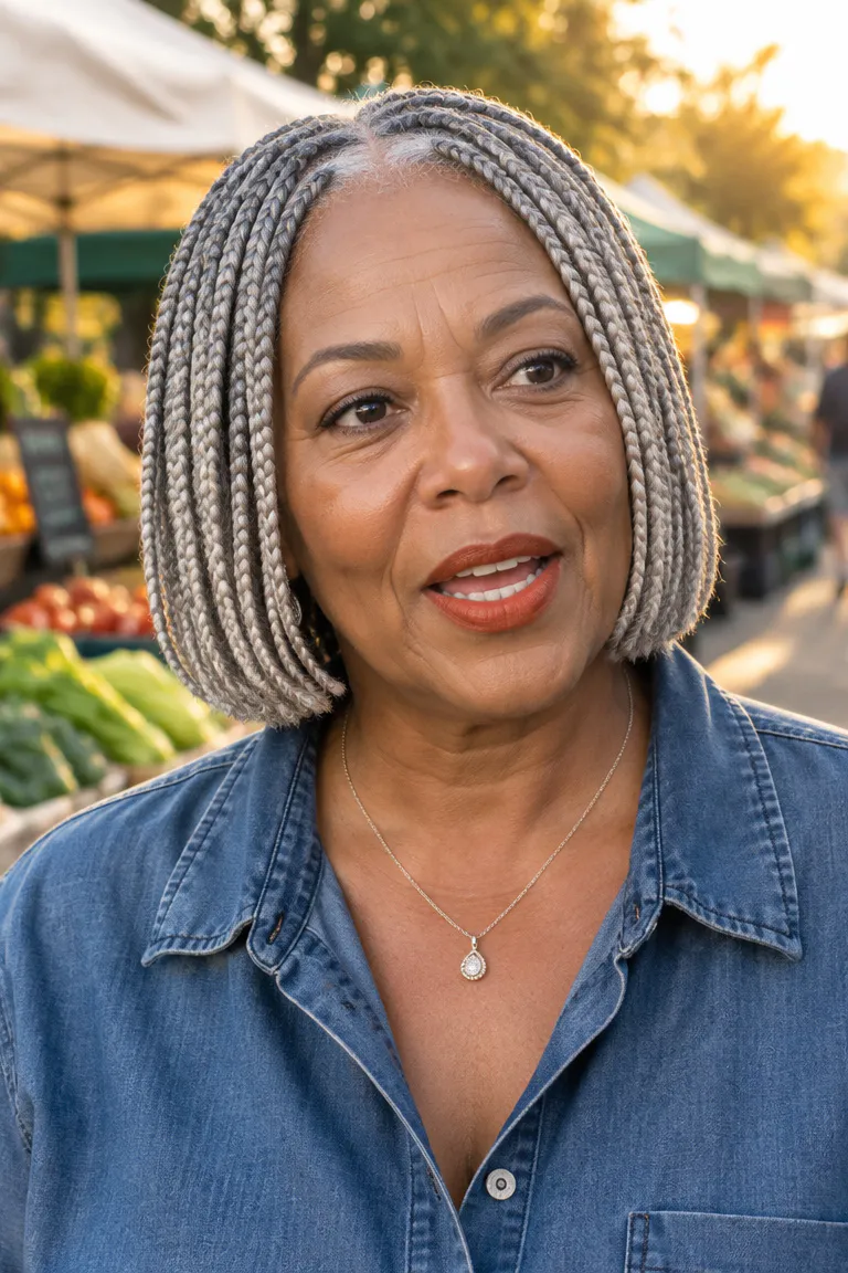 Black woman over 50 wearing chin-length silver gray knotless braids in a neat bob
