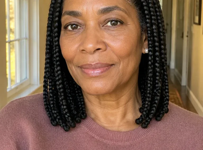 Shoulder-length knotless box braids with medium sections and clean center parts