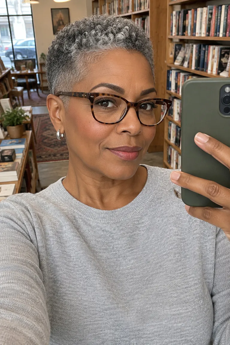 Rounded tapered fade with short gray curls, faded nape, and clipped sides