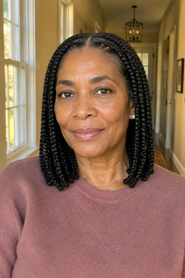 Shoulder-length knotless box braids with medium sections and clean center parts