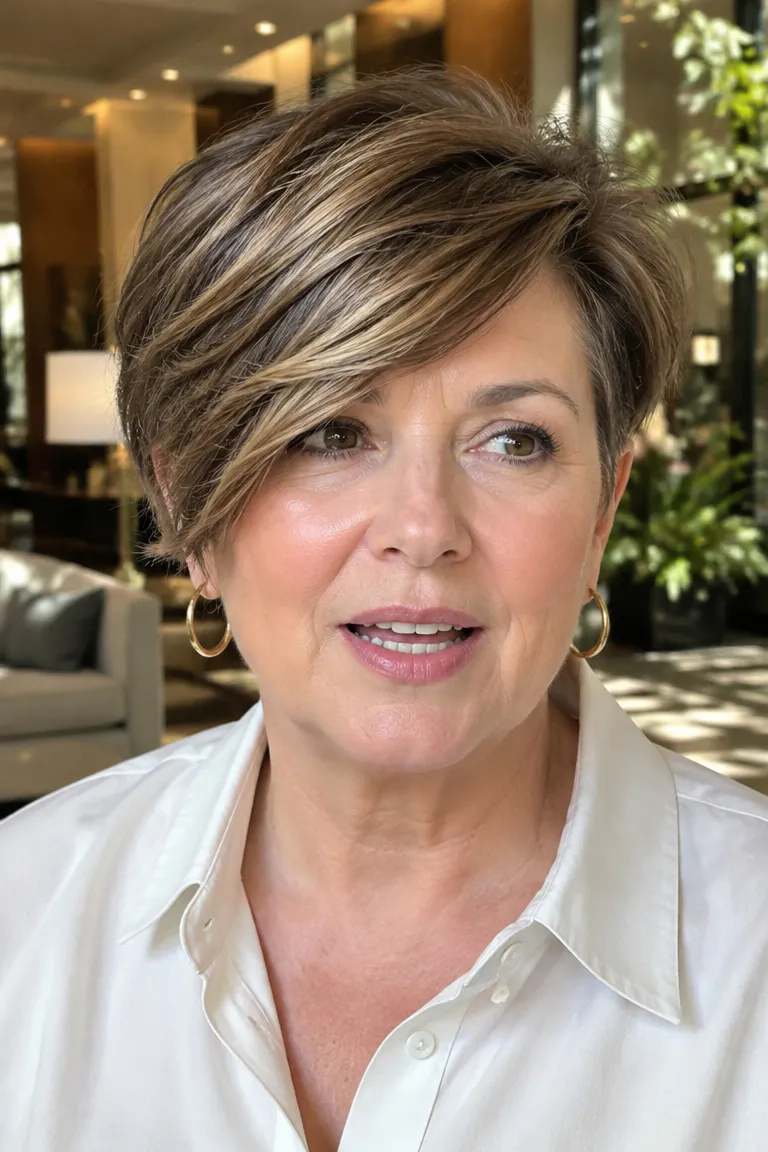 Side-swept fringe undercut pixie bob with blended front layers