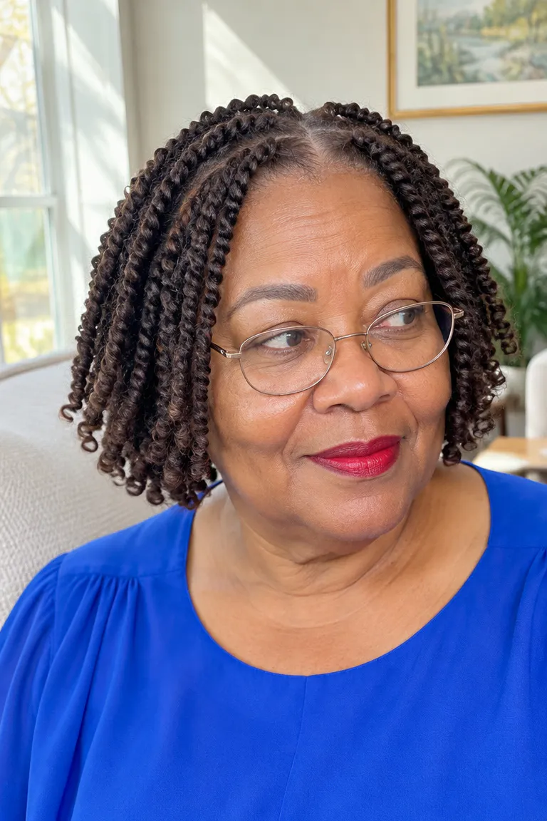 Chin-length passion twist crochet bob in dark brown with curled ends