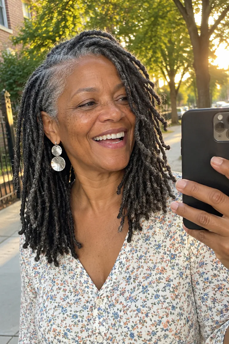 Salt-and-pepper locs with a soft side part and face-framing pieces.