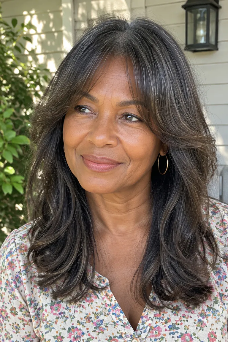 Long shag with curtain bangs and blended layers for fine hair