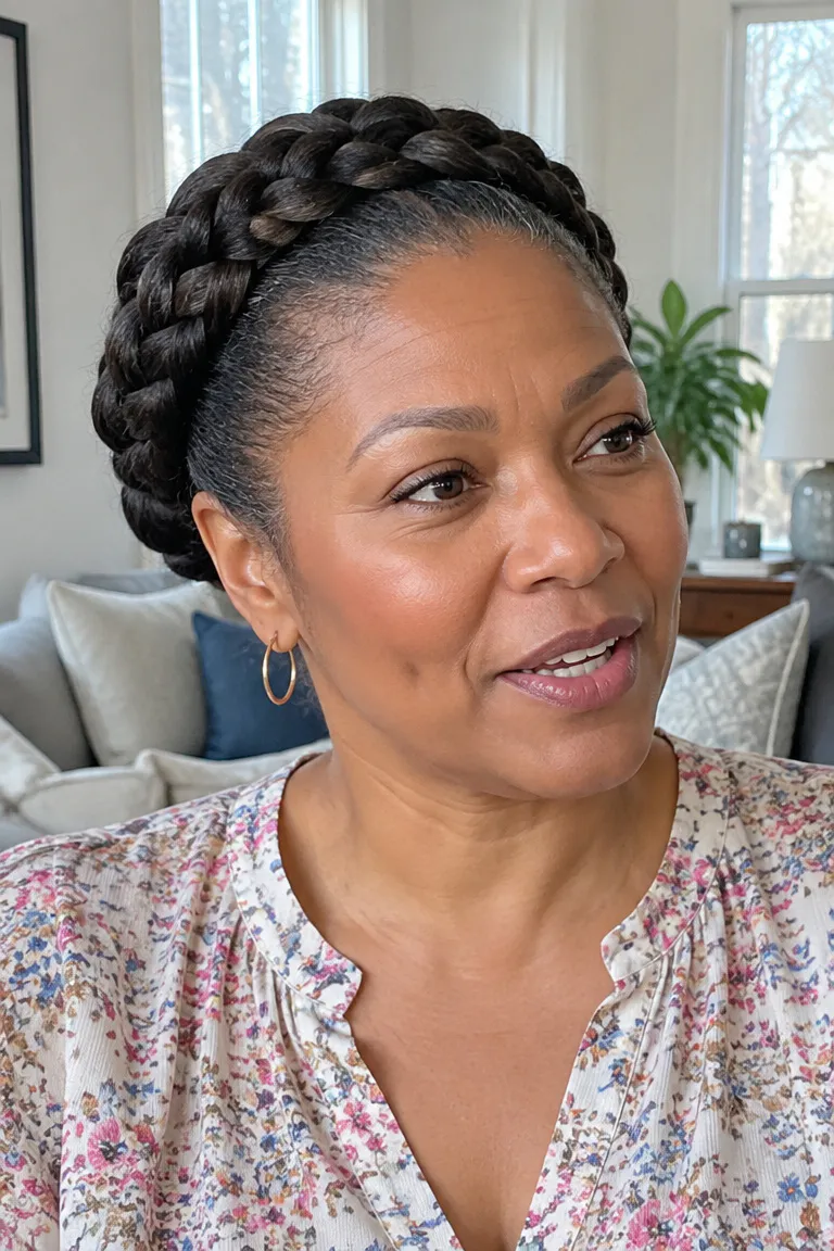 Braided crown braid flowing into a compact bun
