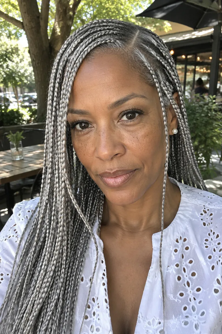 Silver gray knotless braids with a deep side part and face-framing pieces