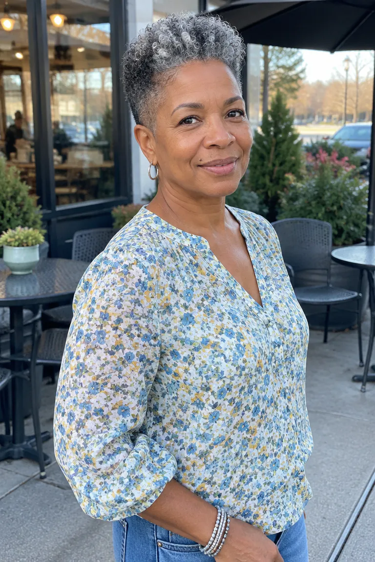 Short tapered cut with gray coils on top and closely tapered sides