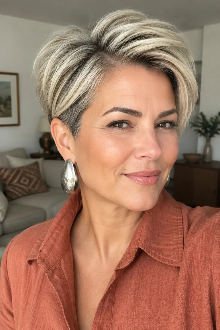 Crown-volume undercut pixie bob with lifted top and tapered sides