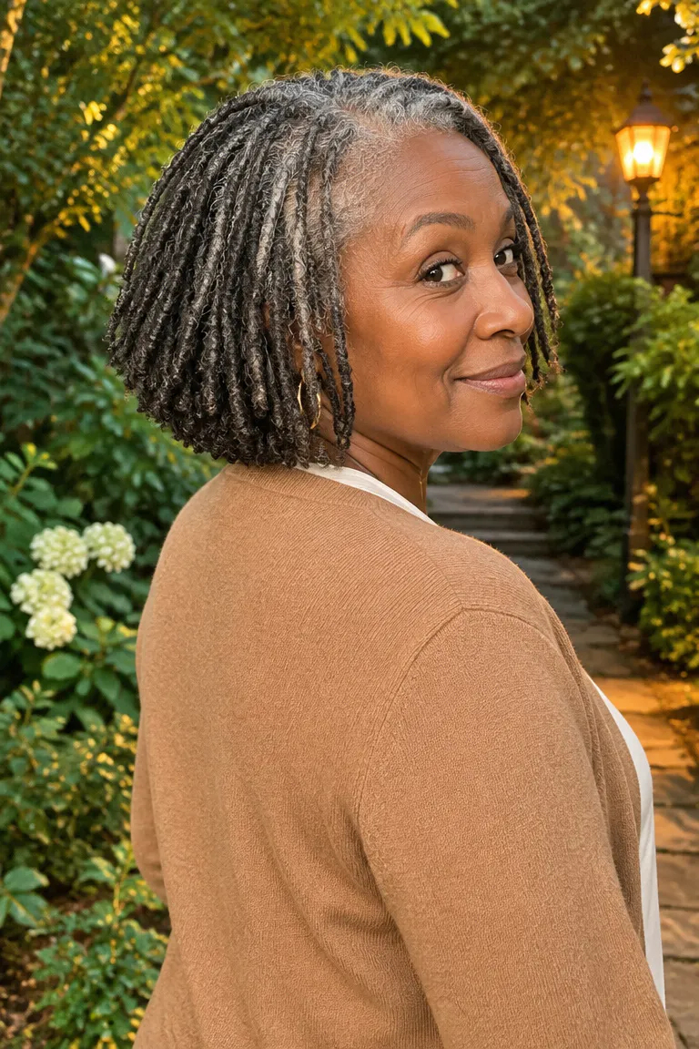 Short rounded salt-and-pepper bob locs that sit close to the jaw.