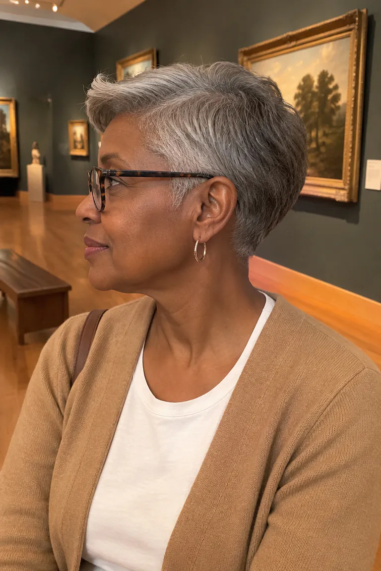 Short gray side-parted crop with a soft front sweep and tapered temples