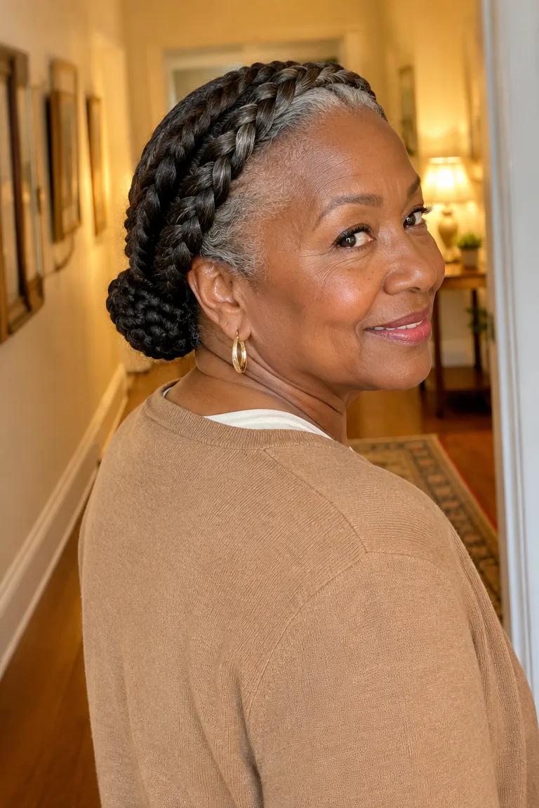 Halo-style braided updo with a wrapped low bun