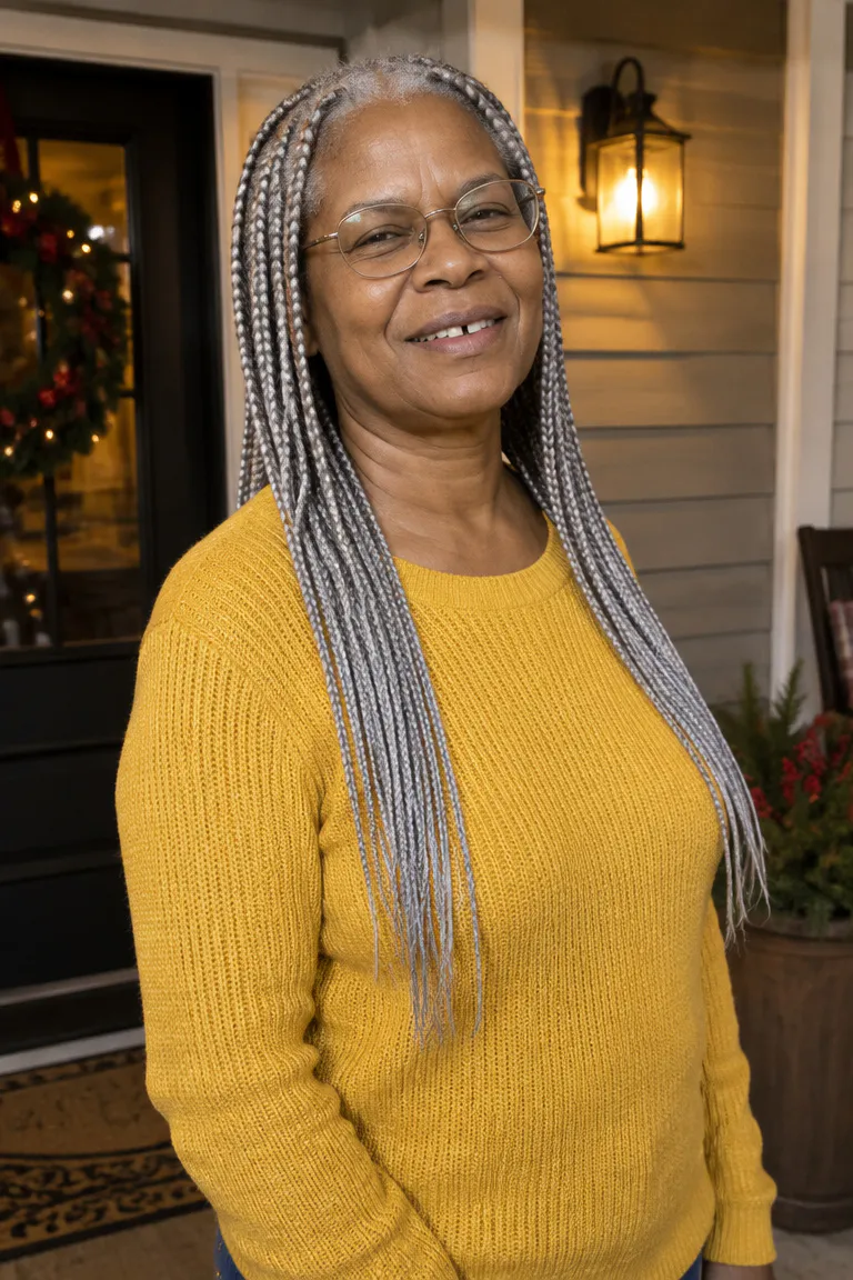 Medium-length silver gray knotless braids falling to the midback