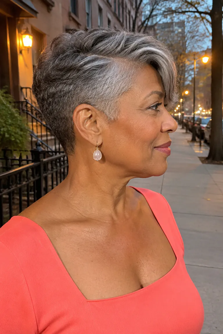 Short tapered haircut with a gray side-swept top and close sides