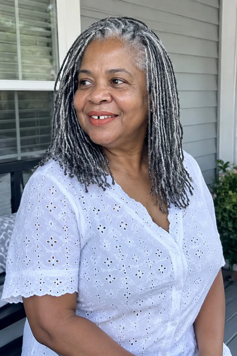Silver-heavy micro locs with fine sections and a lighter feel.