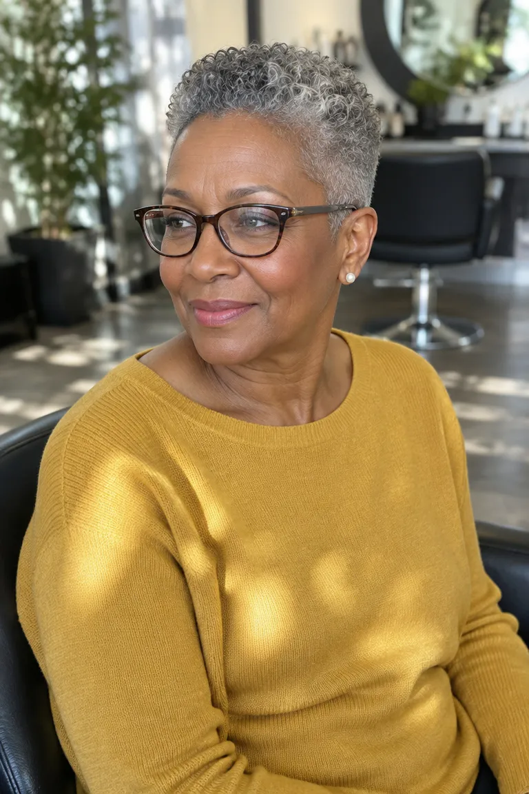 Very short gray tapered TWA with close sides and textured top