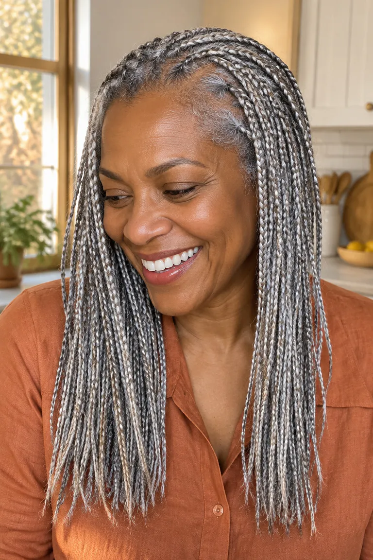 Small silver gray knotless braids with dense parting