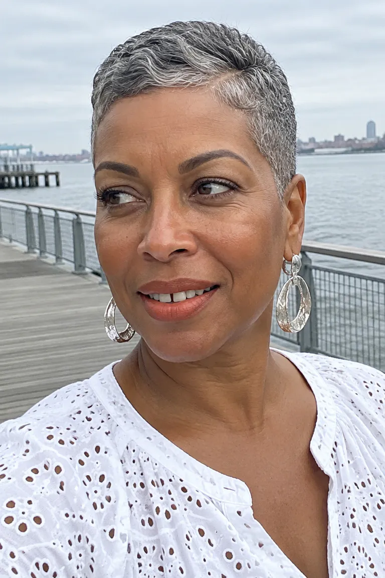 Tapered pixie crop with short gray top and snug sides