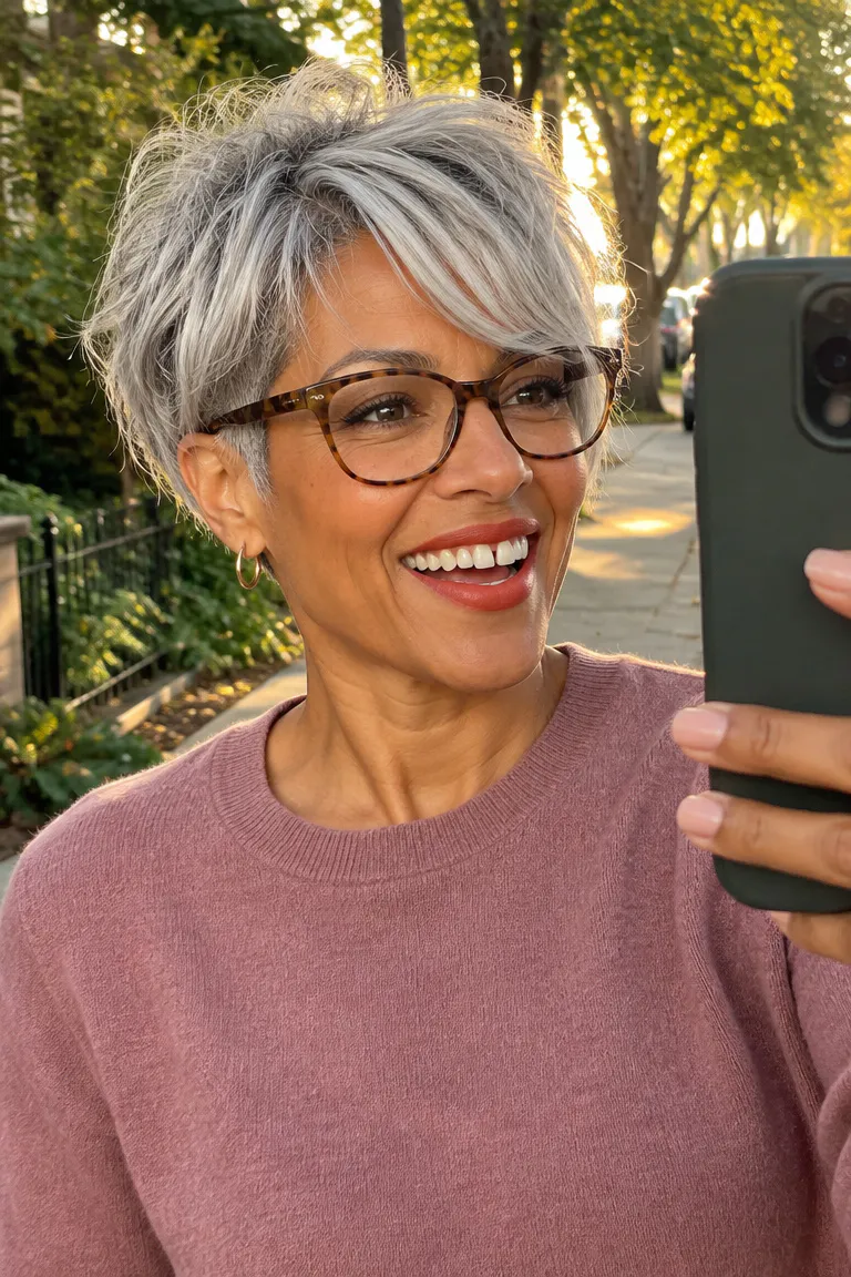 Silver textured undercut pixie bob with choppy layers and piecey finish