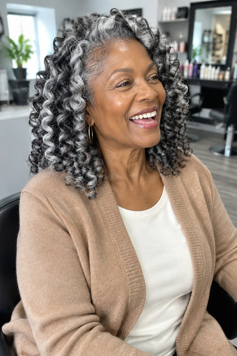 Salt-and-pepper Jamaican bounce wand curls in blended charcoal and silver