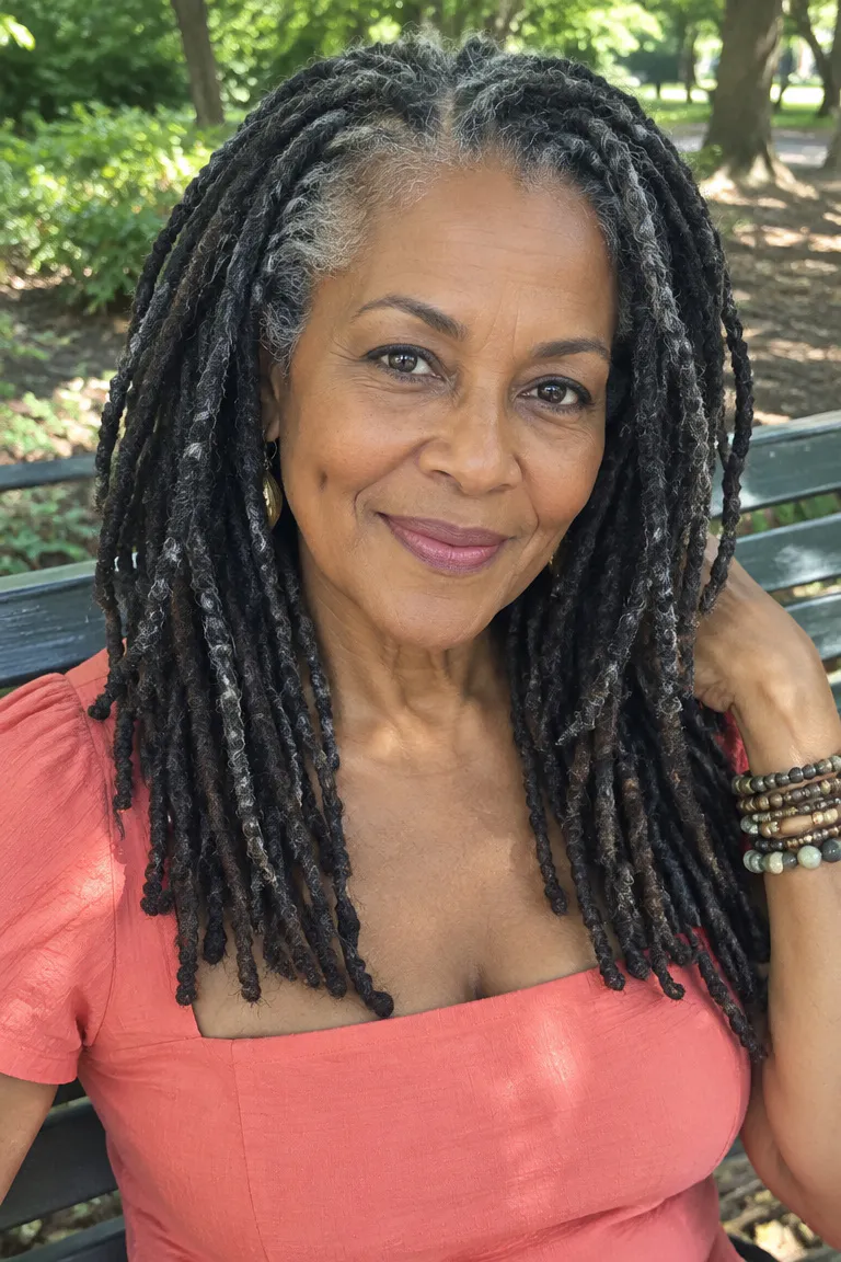 Pepper-heavy locs with a dark base and scattered gray strands.