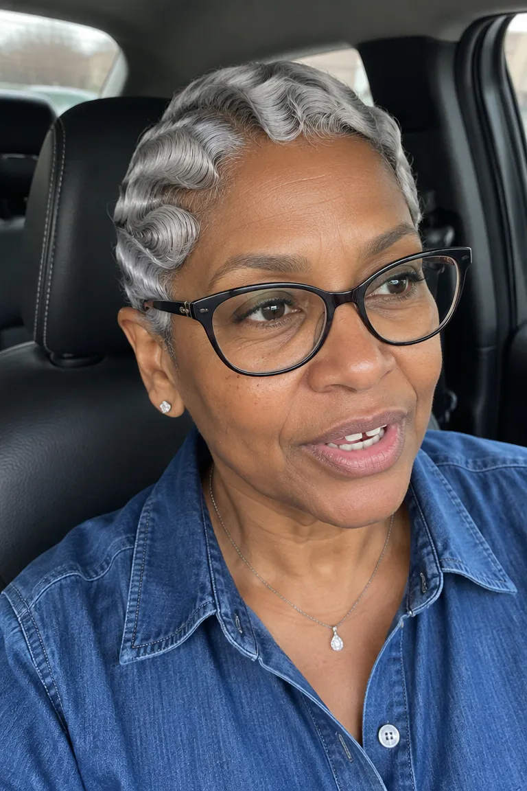 Short gray finger waves molded close to the head