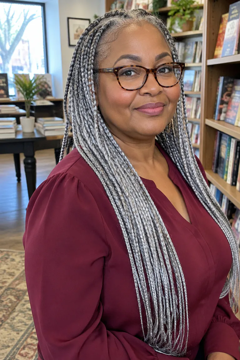 Silver gray knotless braids with a loose, soft hairline base