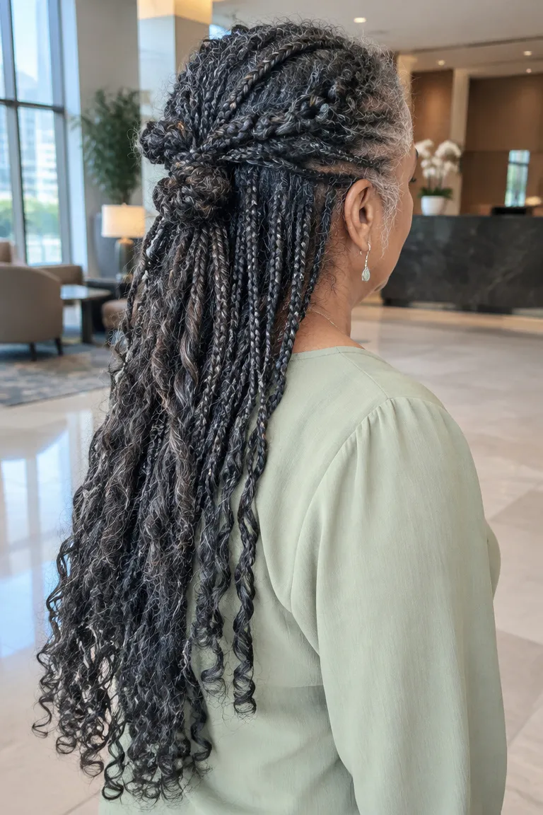 Half-up braids with a loose top section and long back braids