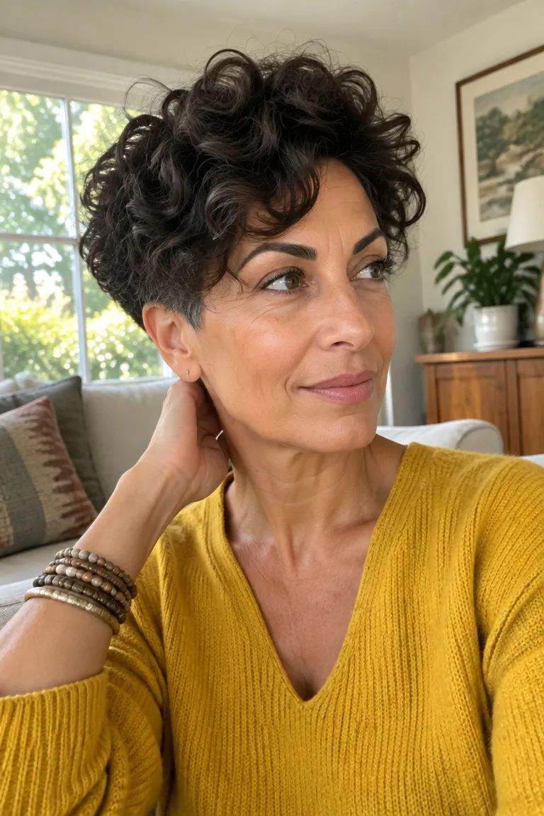 Curly undercut pixie bob with defined top curls and a neat nape