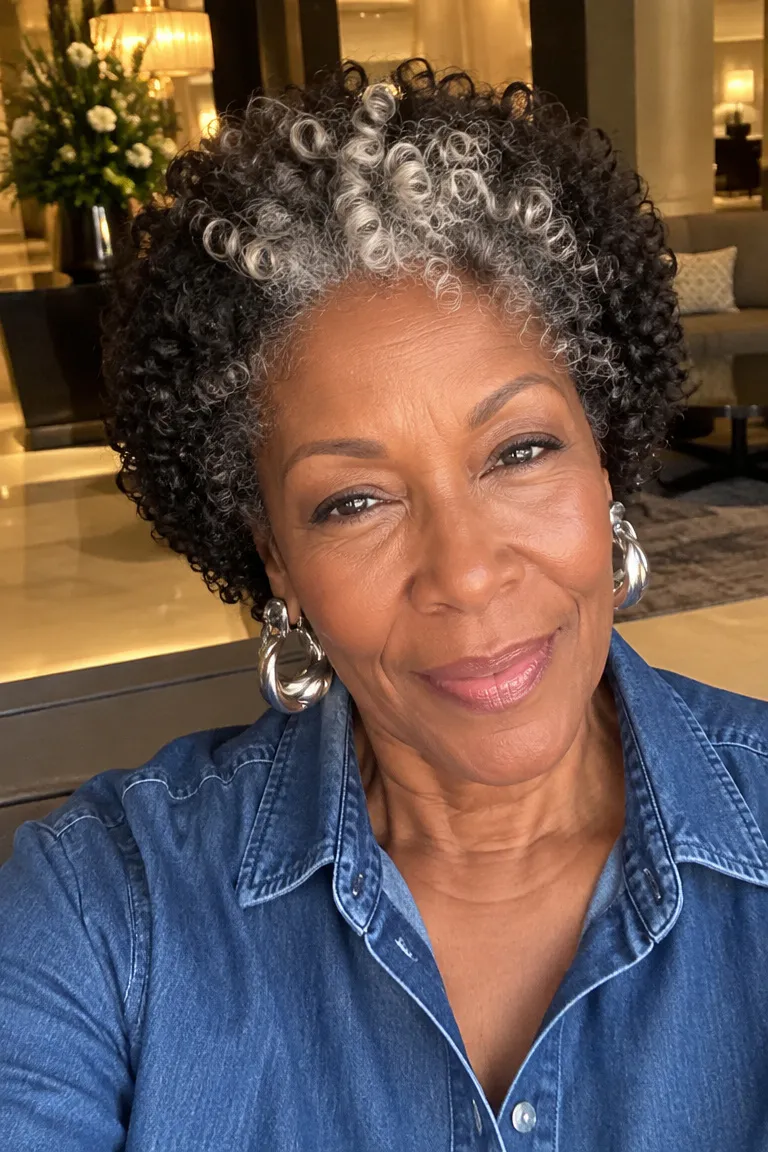 Black crochet curls with silver blended at the crown and hairline