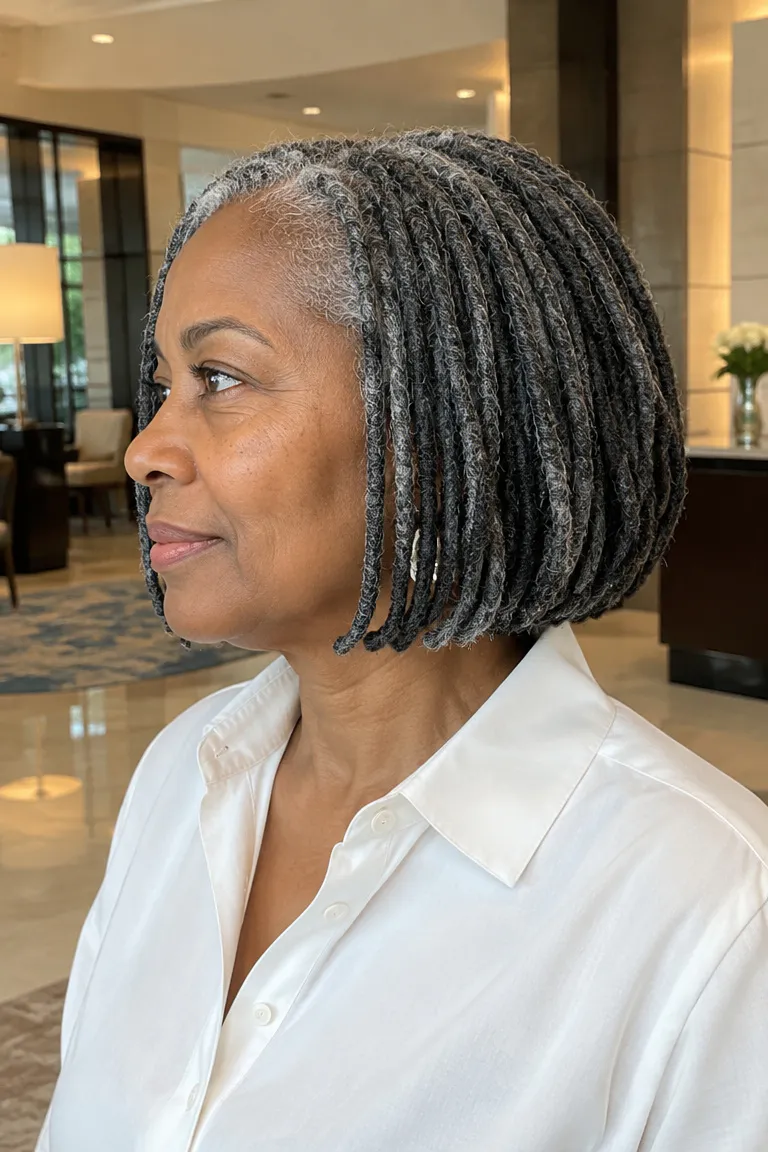 Chin-length salt-and-pepper locs with curved ends.