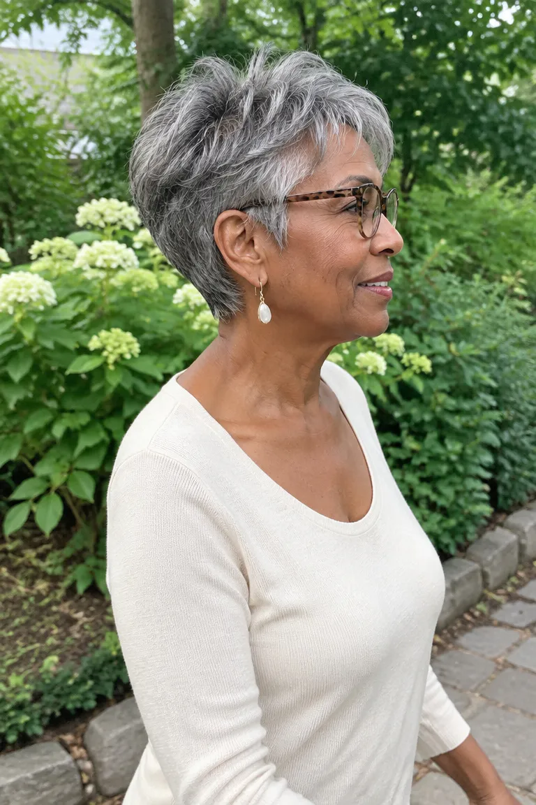 Short gray choppy layered pixie with piecey texture and lift