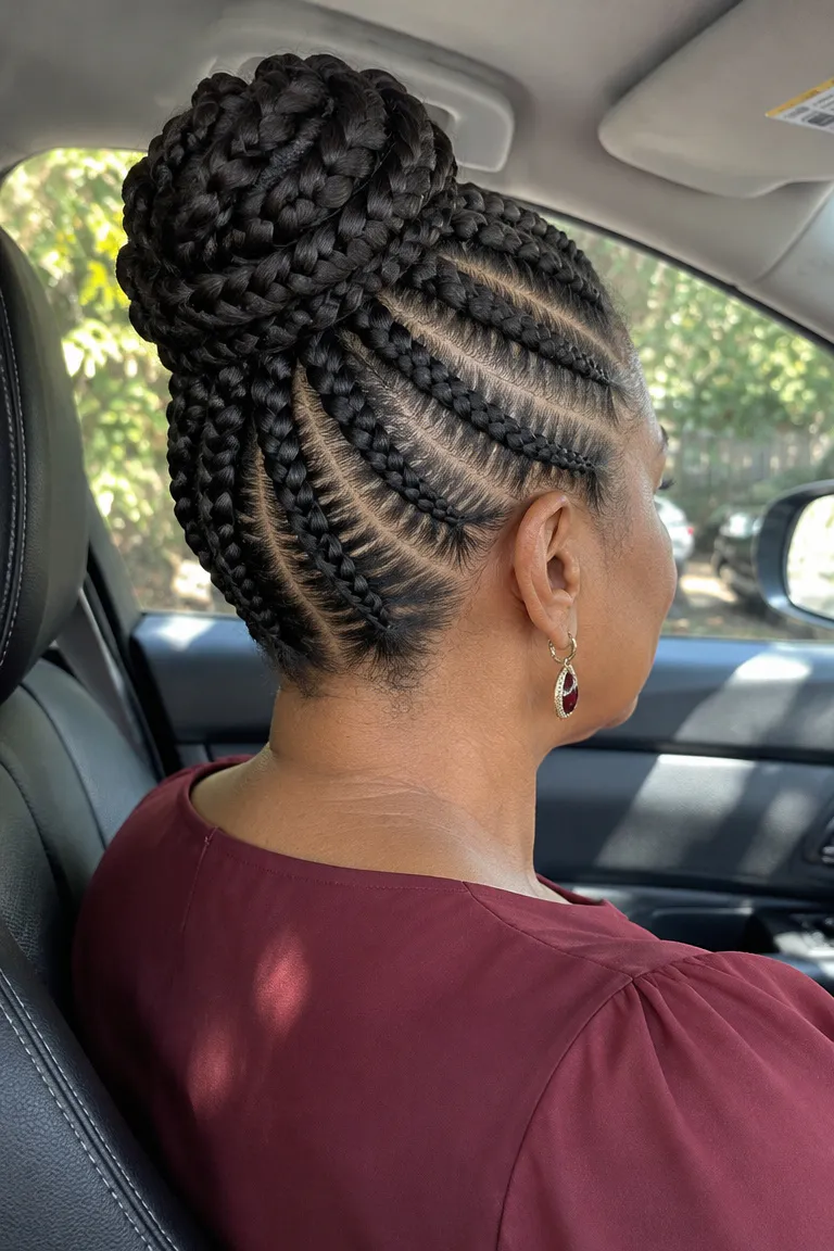 Feed-in braid rows gathered into a neat updo