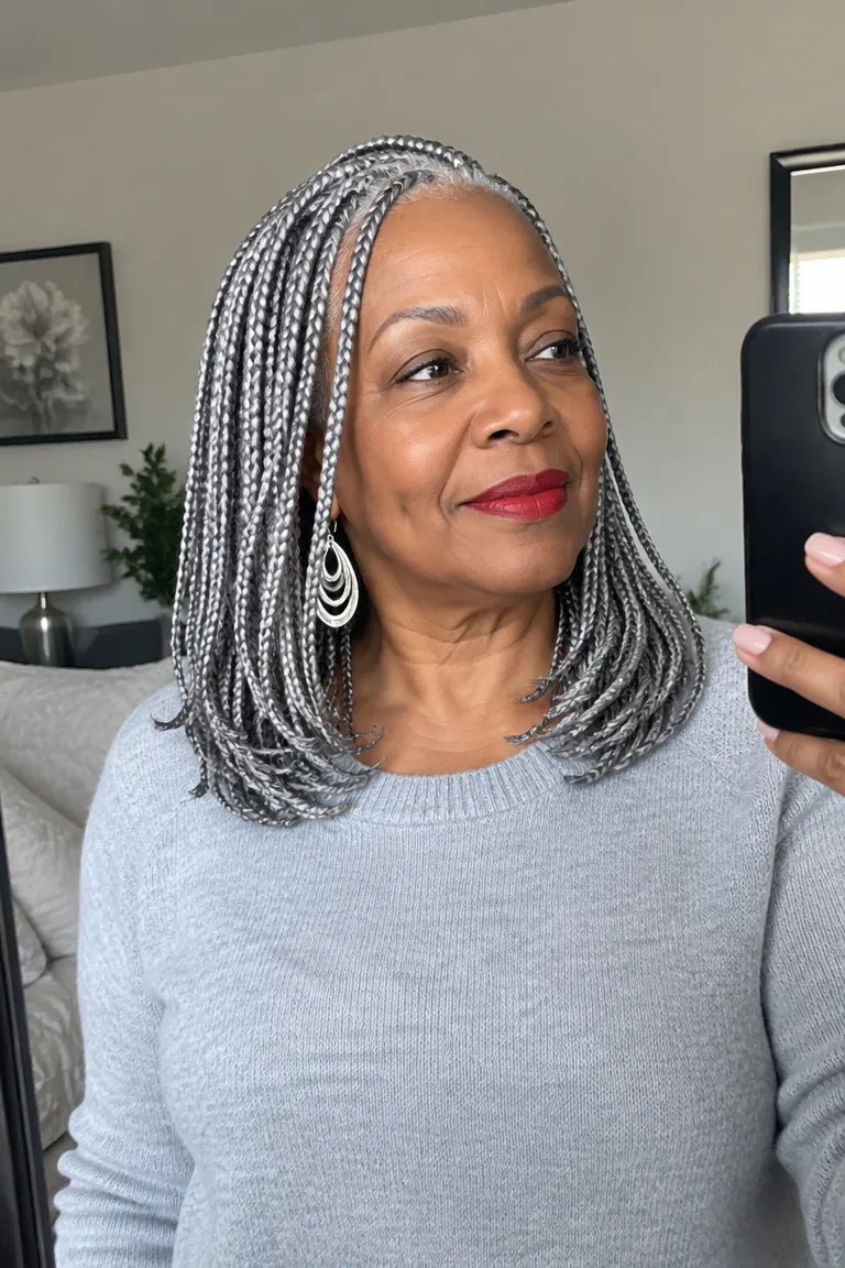 Shoulder-grazing silver gray knotless braids with layered ends